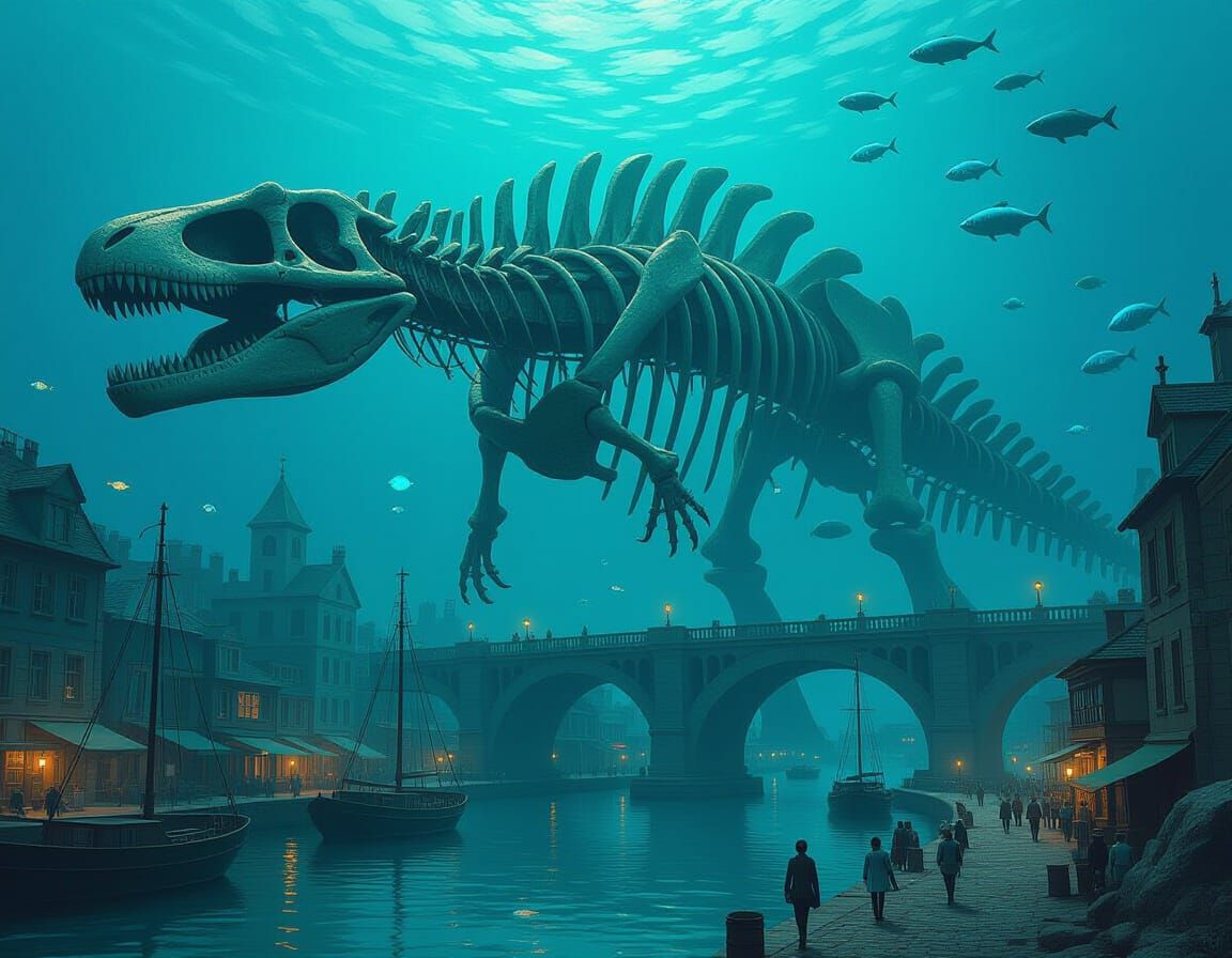 Bustling Port City Inside Plesiosaur Skeleton