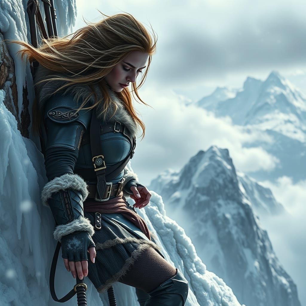 Warrior Woman Climbs Icy Mountain in Fantasy Art
