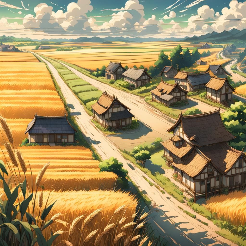 Highway Through Wheat Fields in Ghibli Style