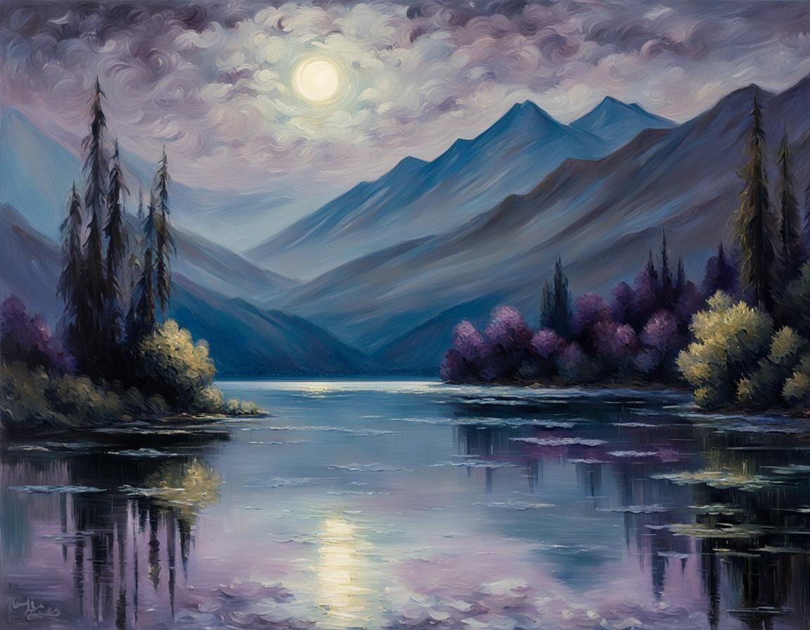 Moonlit Lake at Night in Impressionistic Style