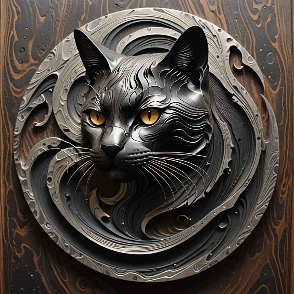 Damascus Steel Cat Silhouette Sculpture