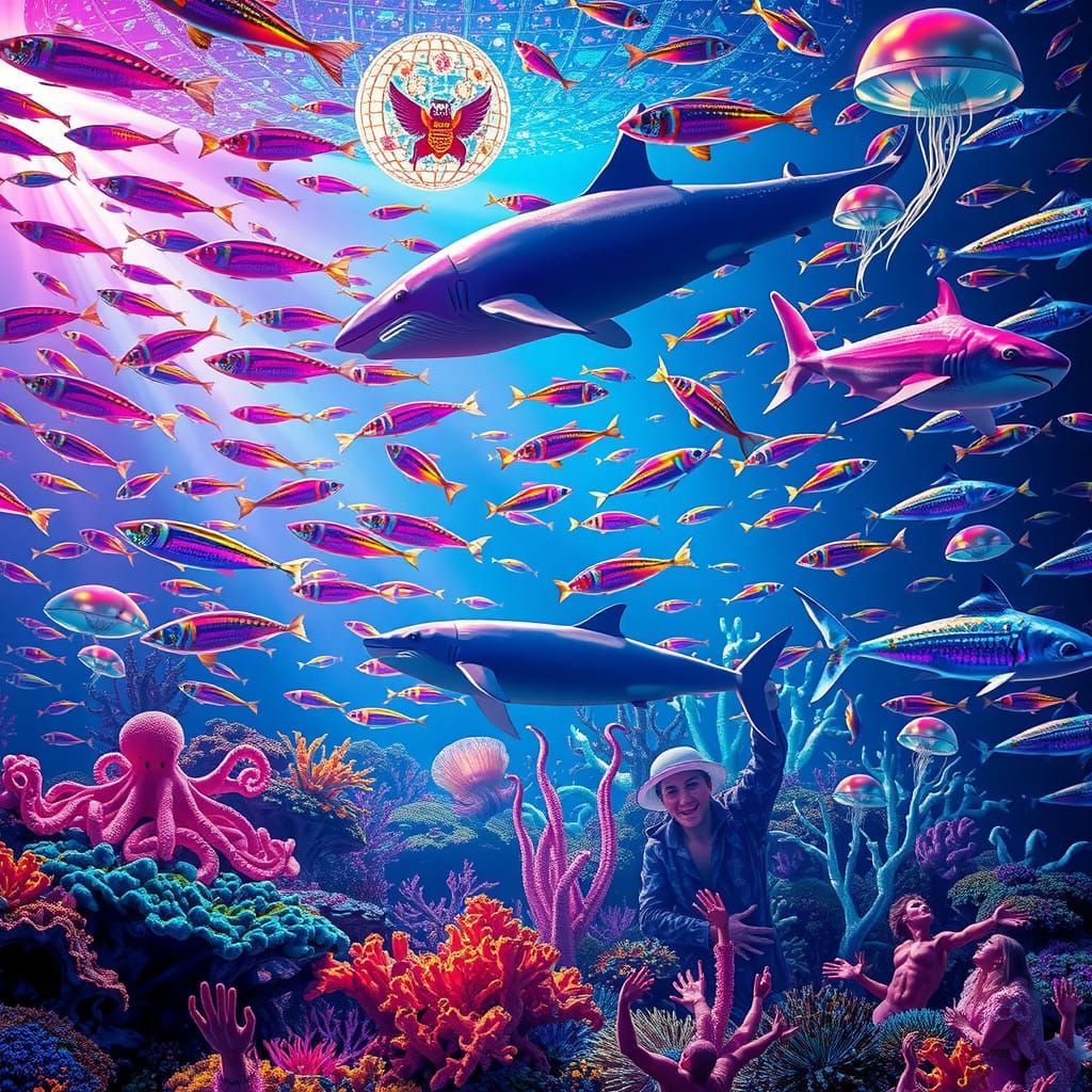 Underwater Disco Party in Vibrant, Iridescent Marine Life
