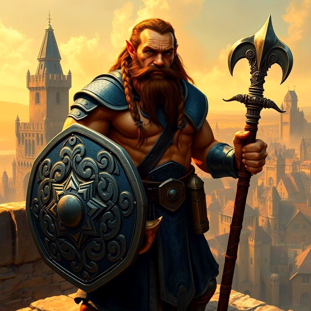 Dwarf Warrior Priest on Castle Wall in Oil Painting Style