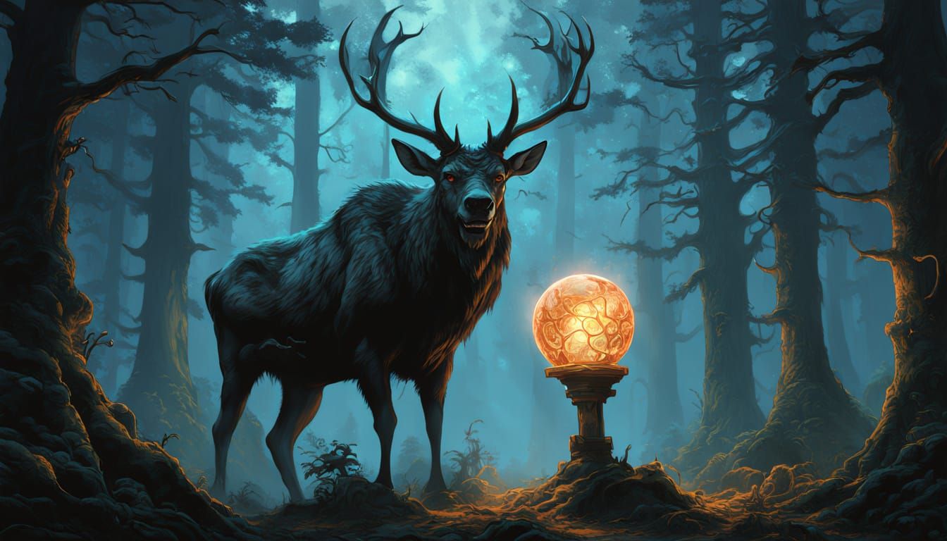 Ethereal Antlered Giant in Misty Forest, Dark Fantasy Art