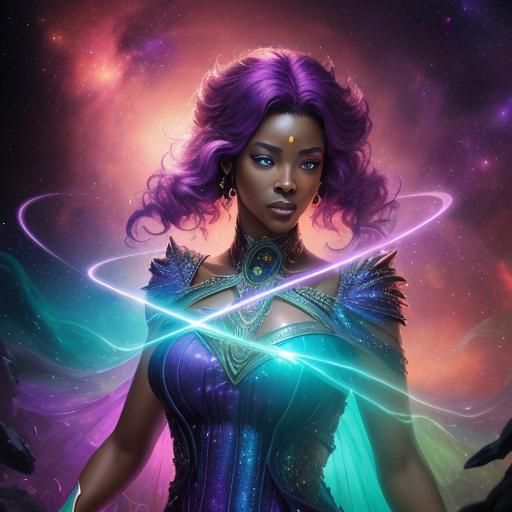 African Woman with Space Magic in Action Painting