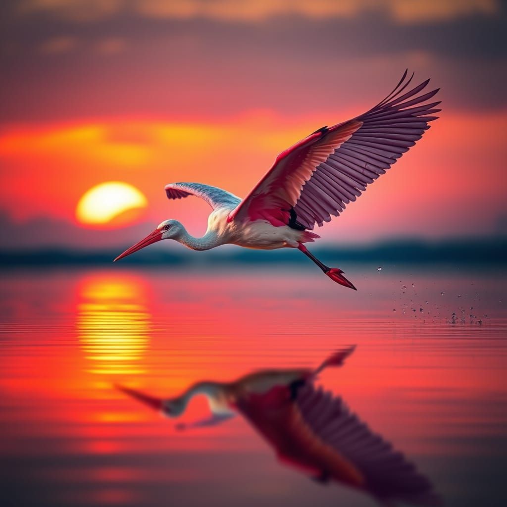 Roseate Spoonbill in Flight at Sunset
