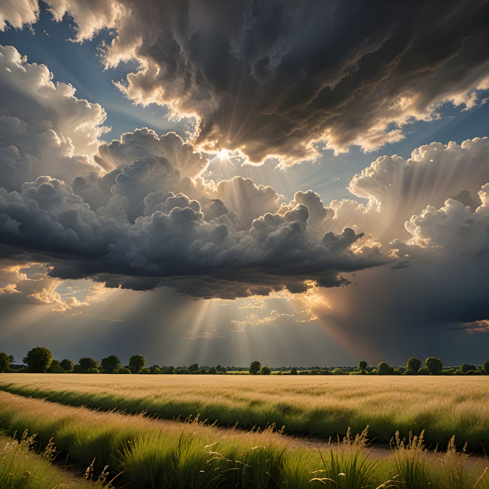 Summer Rain With Sun Rays Through Clouds