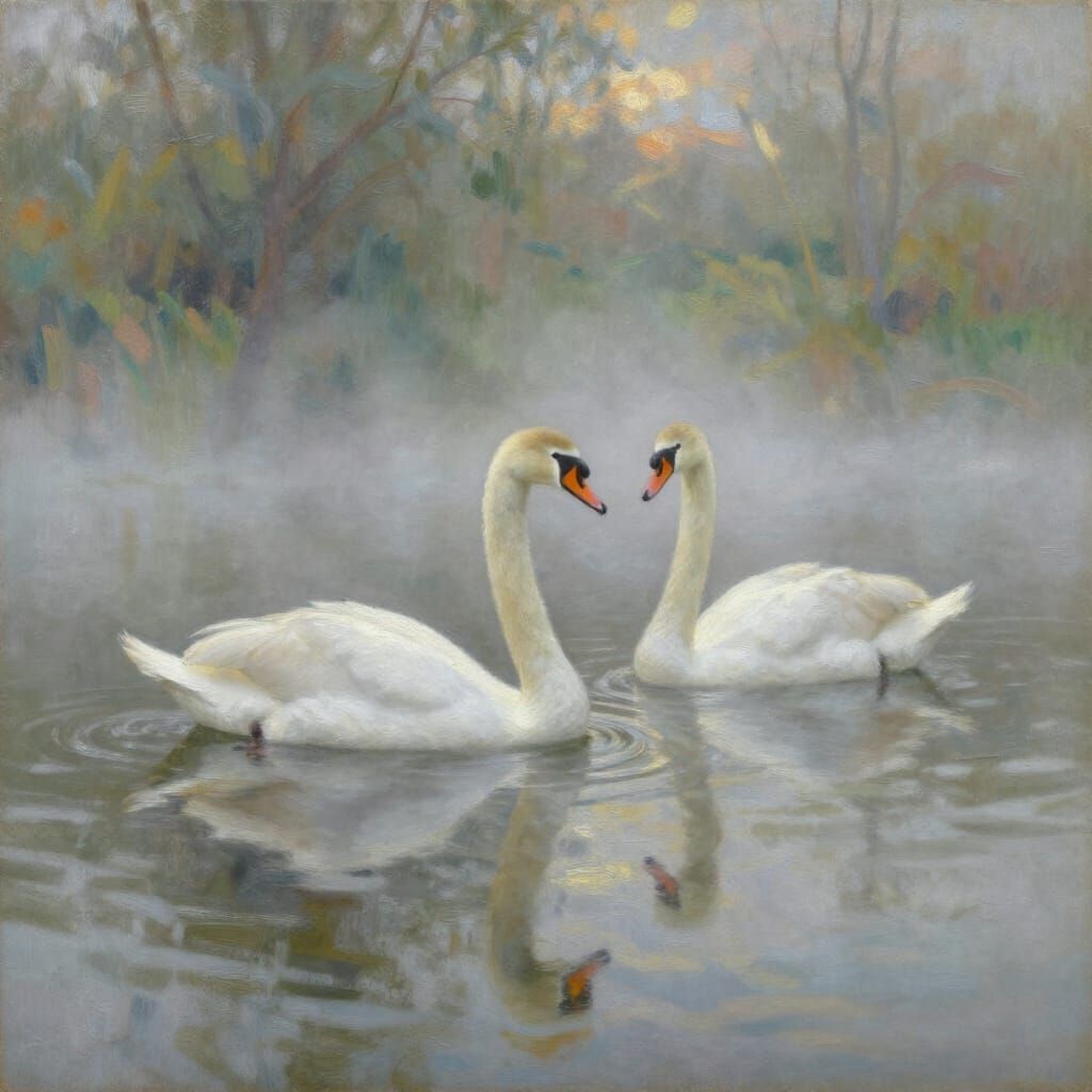 Elegant Swans on Misty Pond Oil Painting