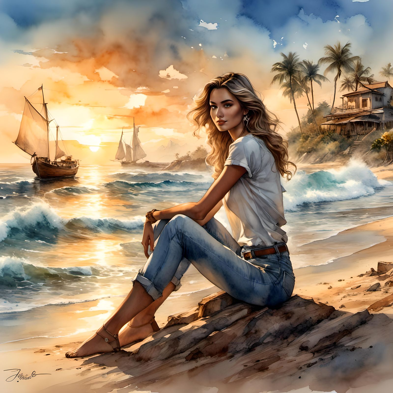 Young Lady on Beach at Sunset in 3D
