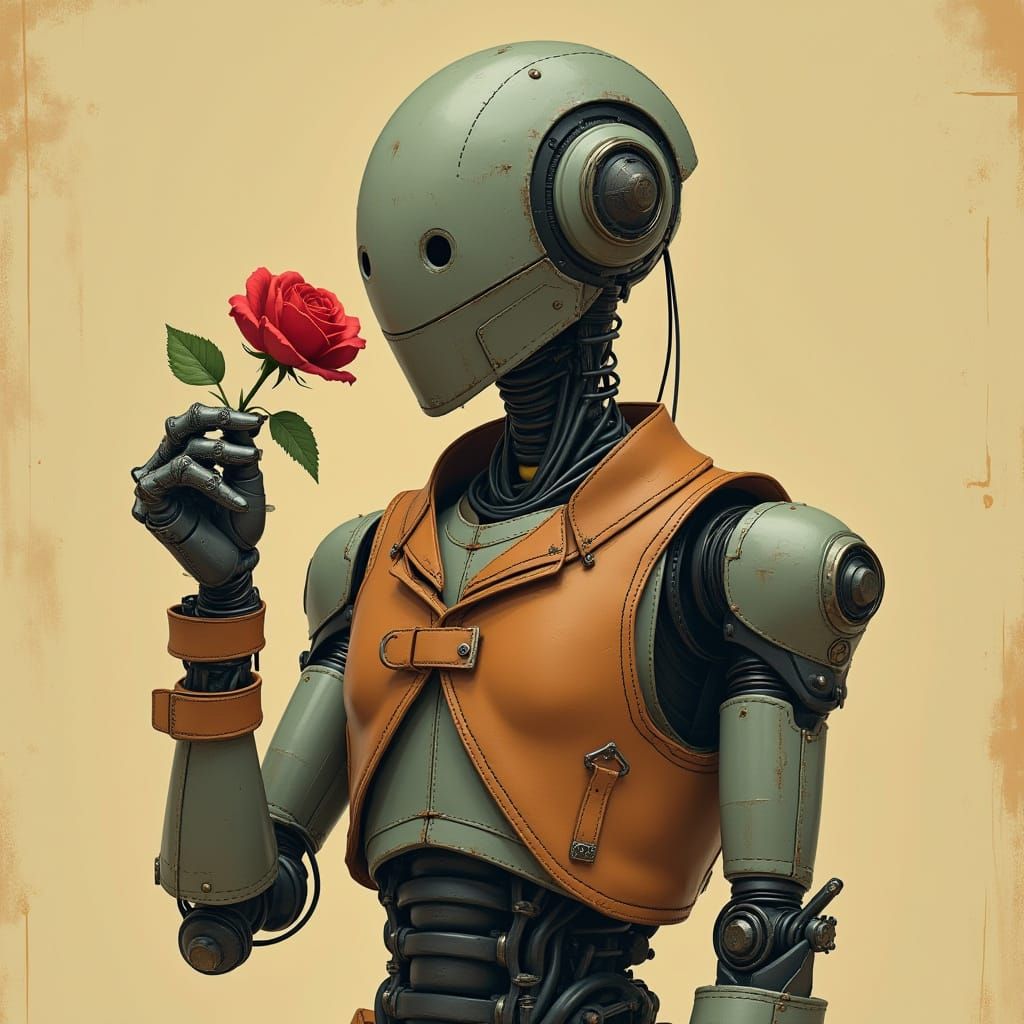 Masculine Robot Contemplates Red Rose in Earthy Tones