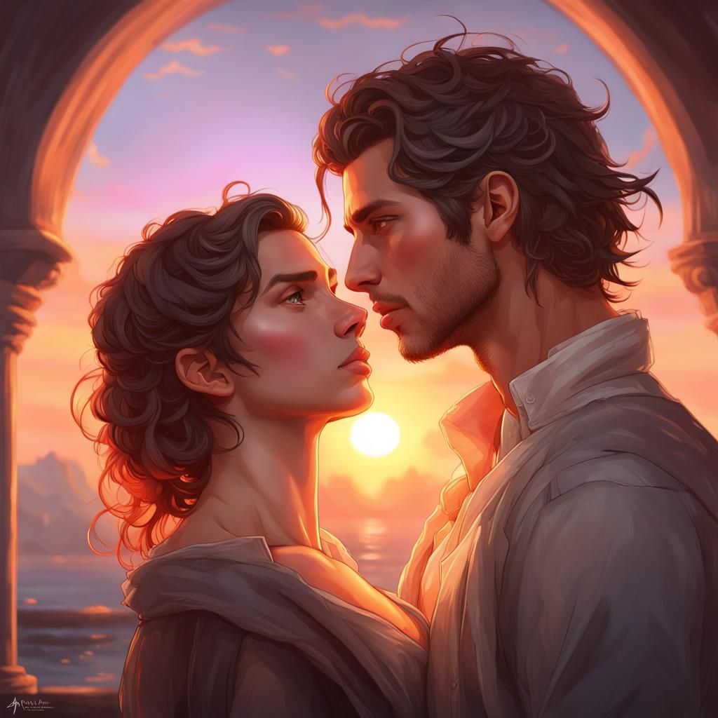 Romantic Sunset Portrait of Loving Couple
