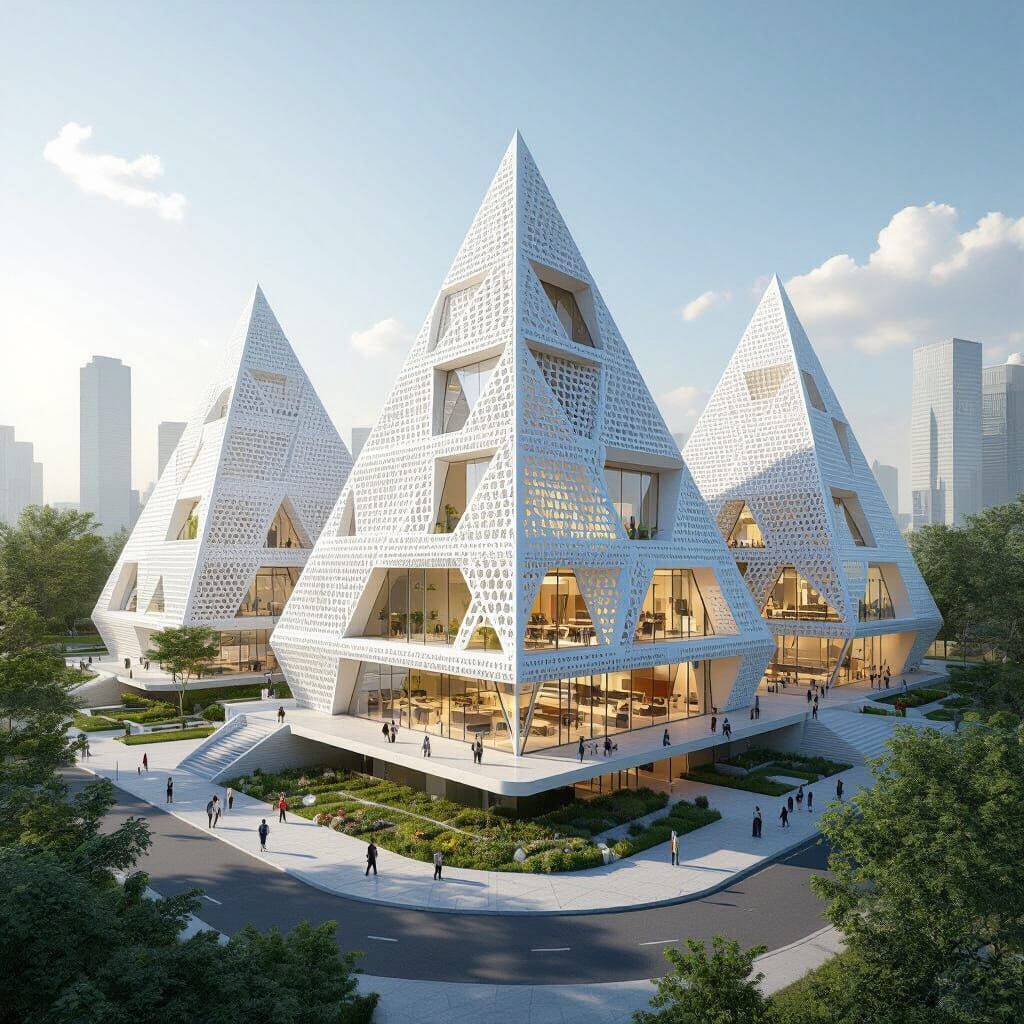 Futuristic 3D Primary School Design with Intersected Pyramid...