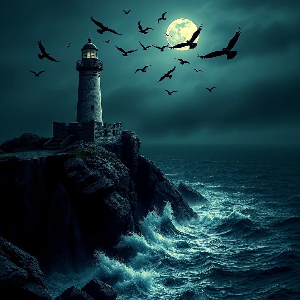 Dramatic Lighthouse Scene with Birds