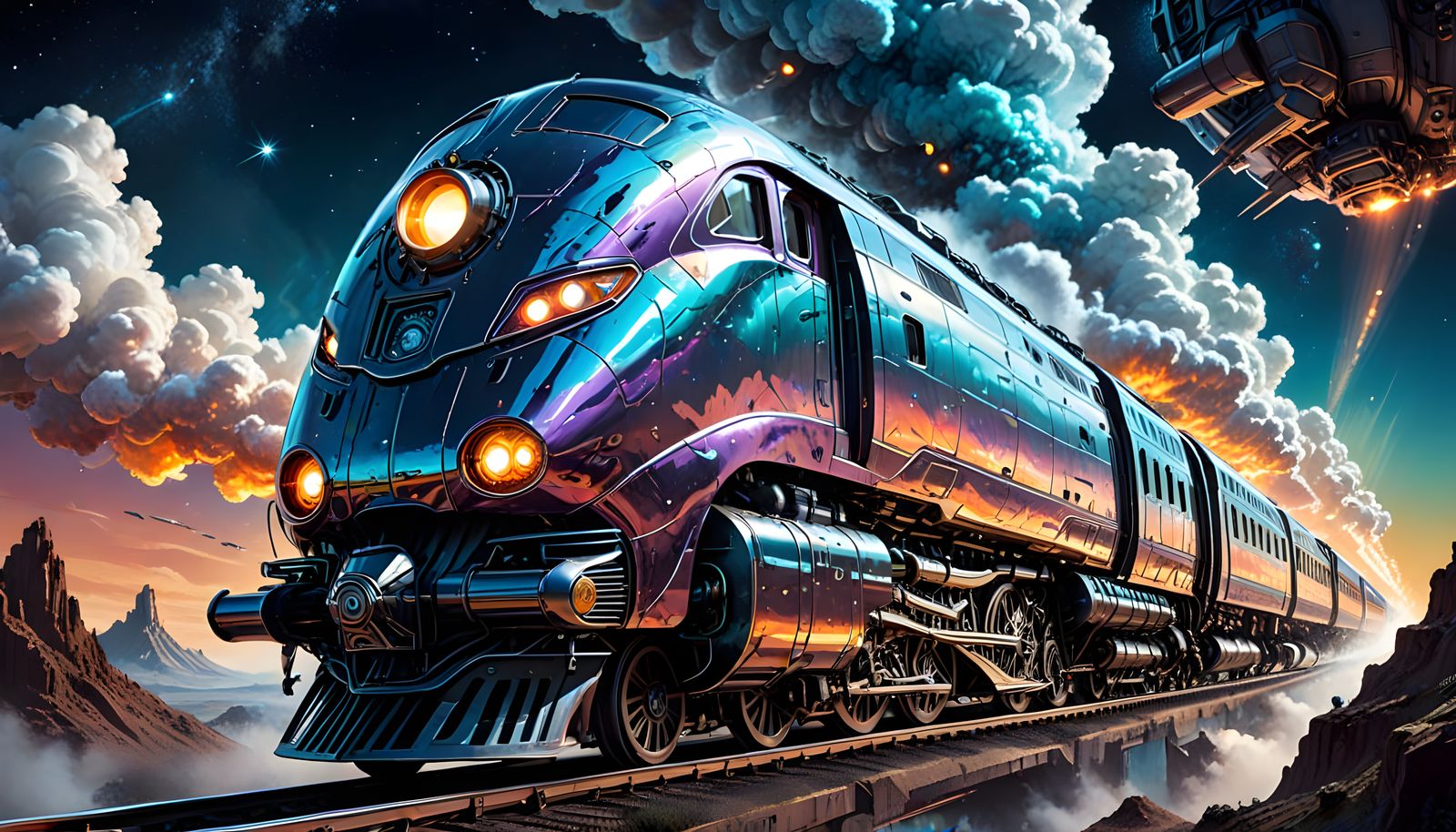 Cosmic Steam Locomotive Soars Through the Stars in Retro Fut...
