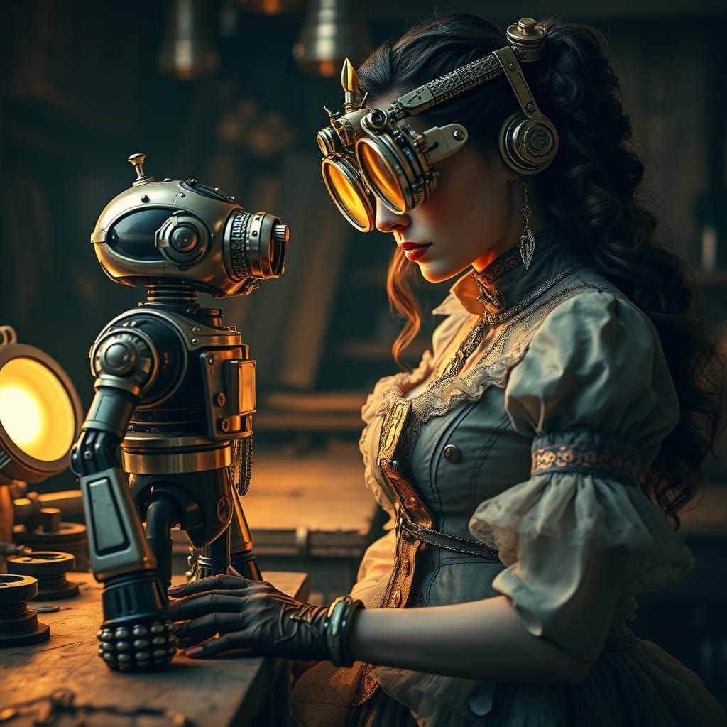 Steampunk Tinkerer Lady Inspects Mechanized Droid in Elegant...