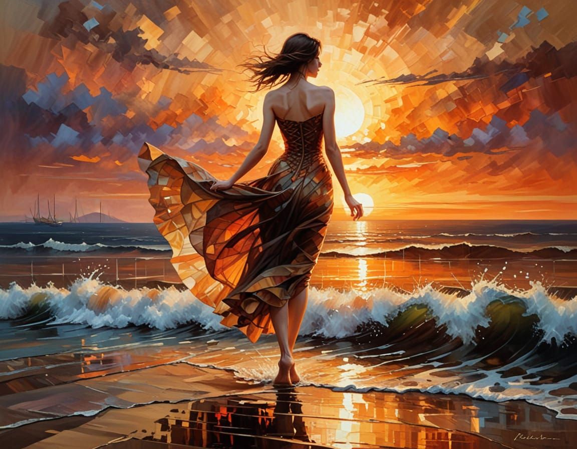 Impressionistic Sunset Over the Sea with Geometric Filigree