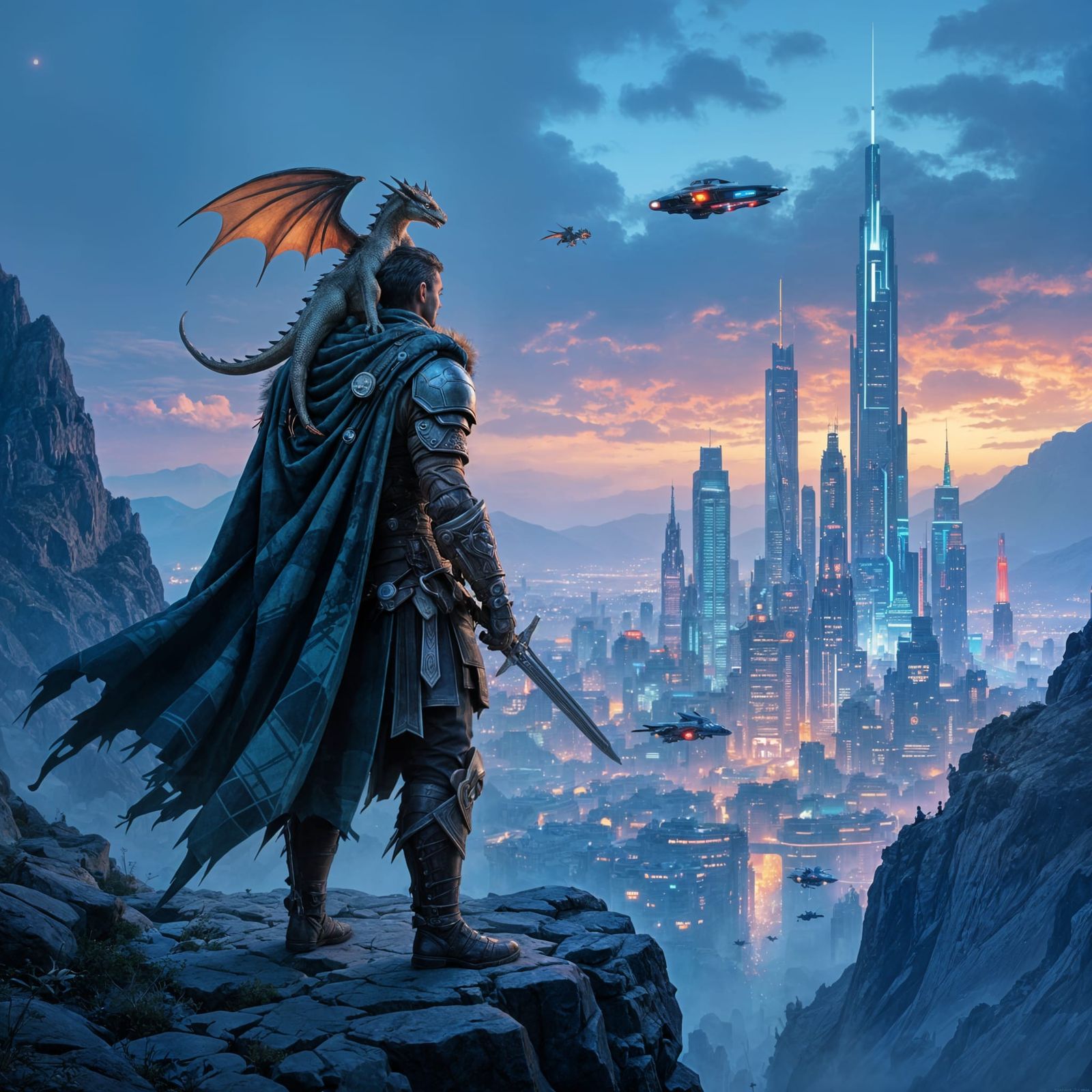 Celtic Warrior Overlooking a Futuristic Cityscape