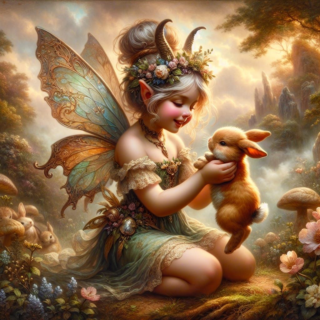 Woodland Fairy Touches Noses with Bunny in Romantic Landscap...