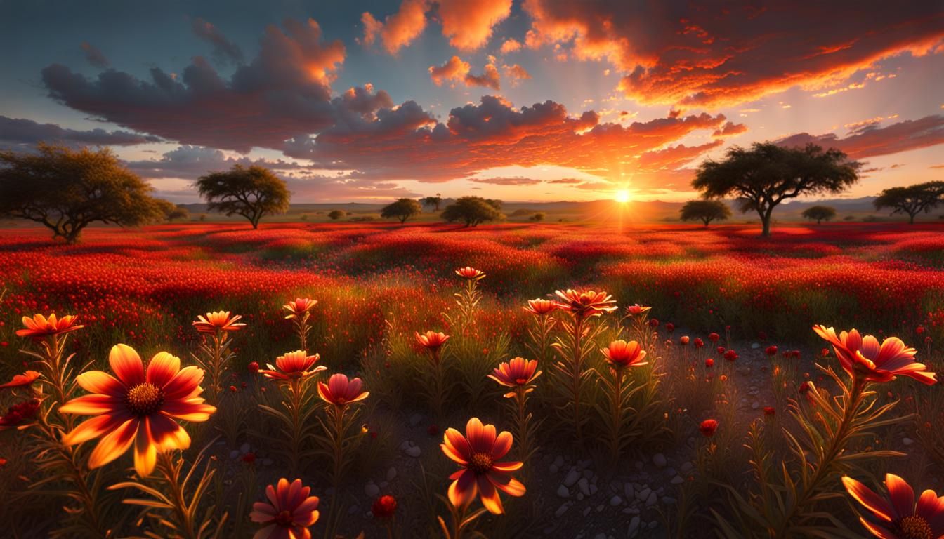 Texas Sunset Over Wildflower Field: Fantasy Concept Art