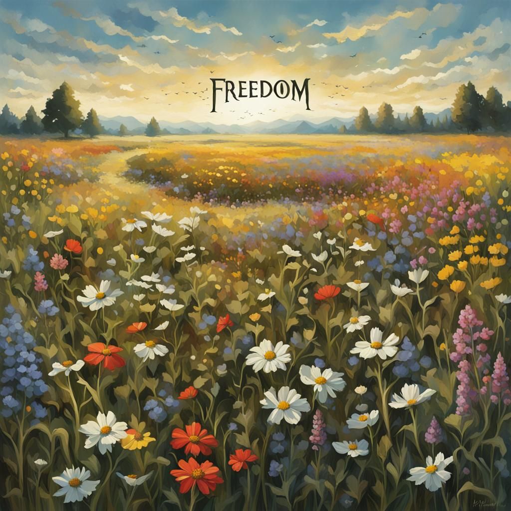 field of wildflowers with the word freedom in a beautiful fo...