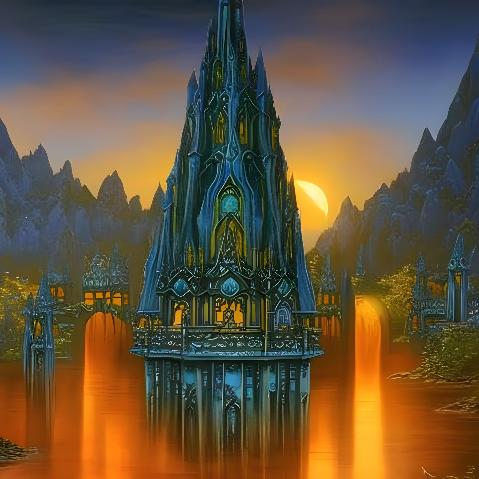 Mystical Blue Elvish Temple with Golden Moon