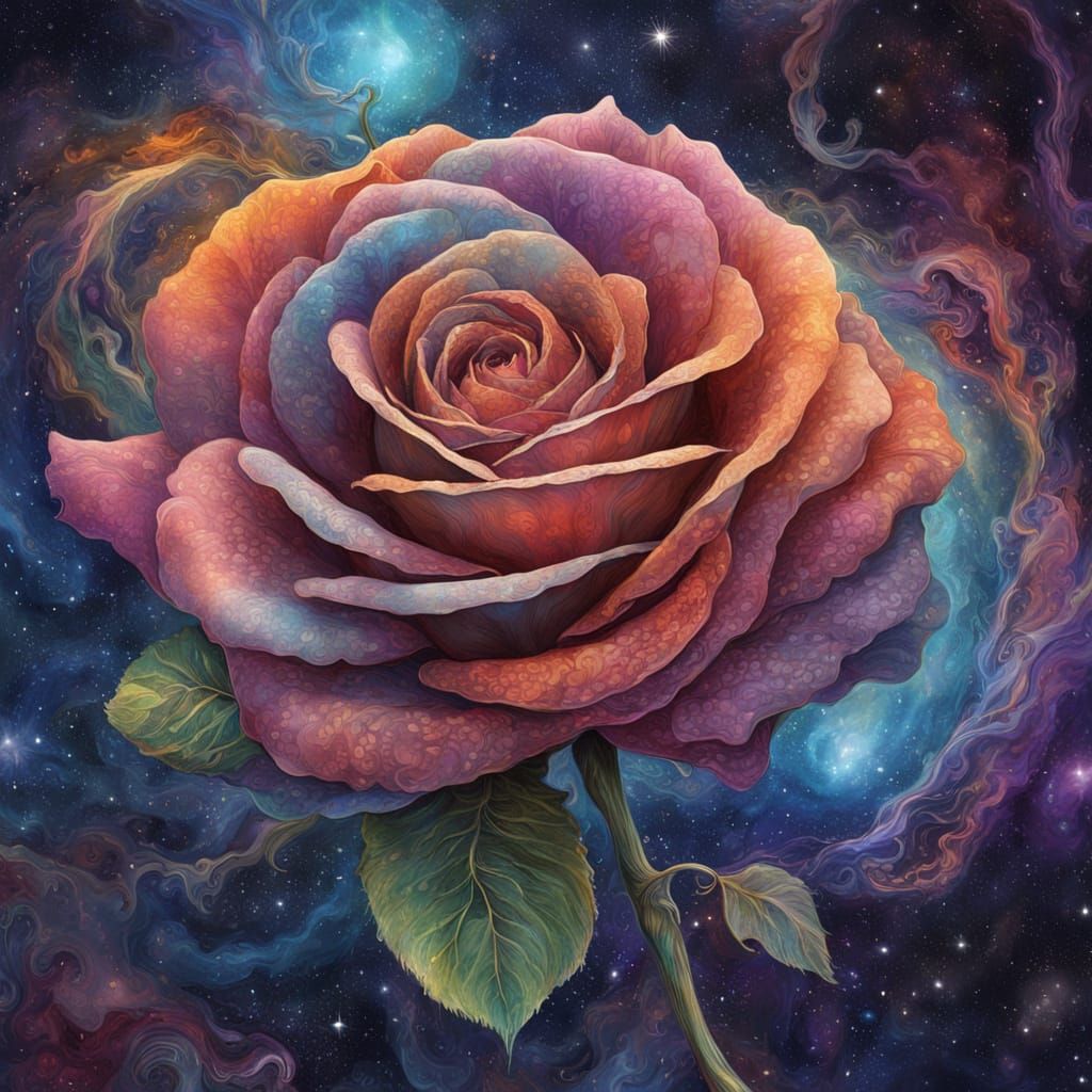 Wilting Holographic Rose in Cosmic Nebula - Visionary Art