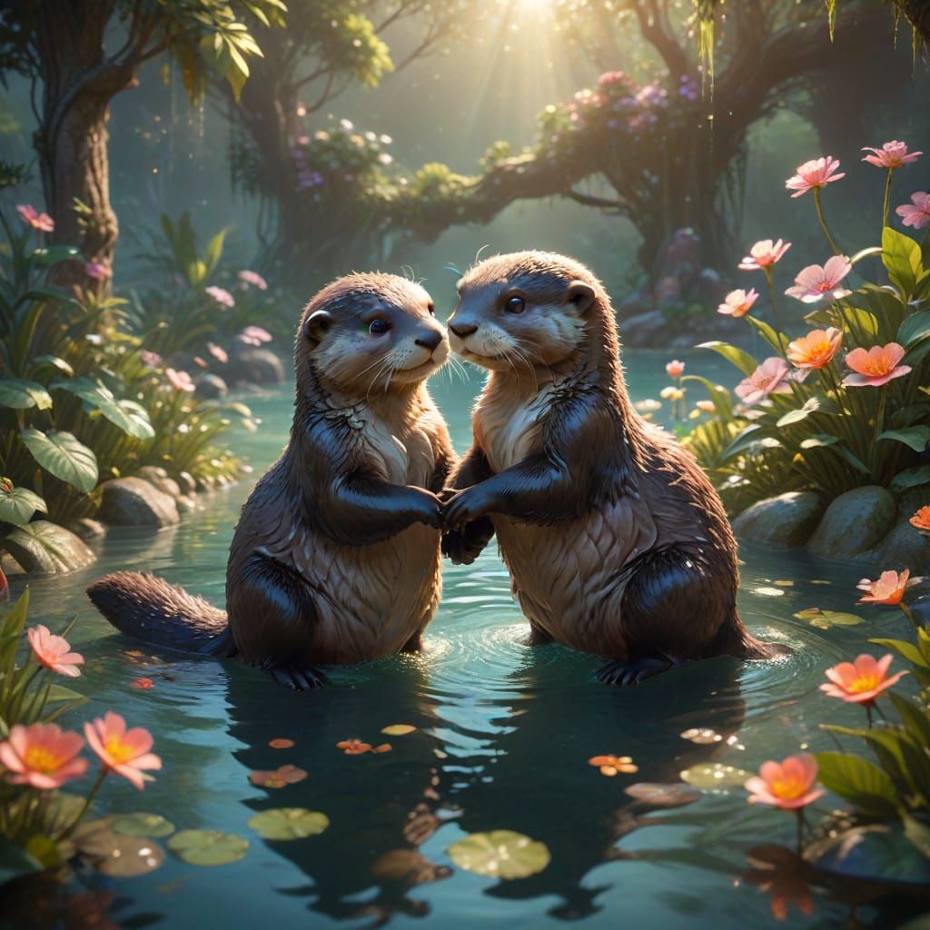 Two beautiful otters holding hands