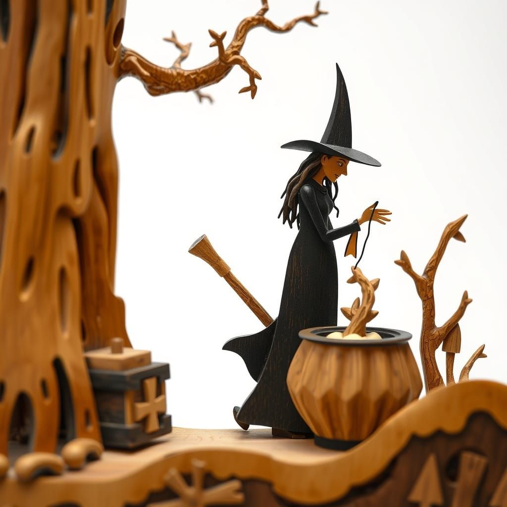 Folklore Wood Carving: Witch Stirring Cauldron