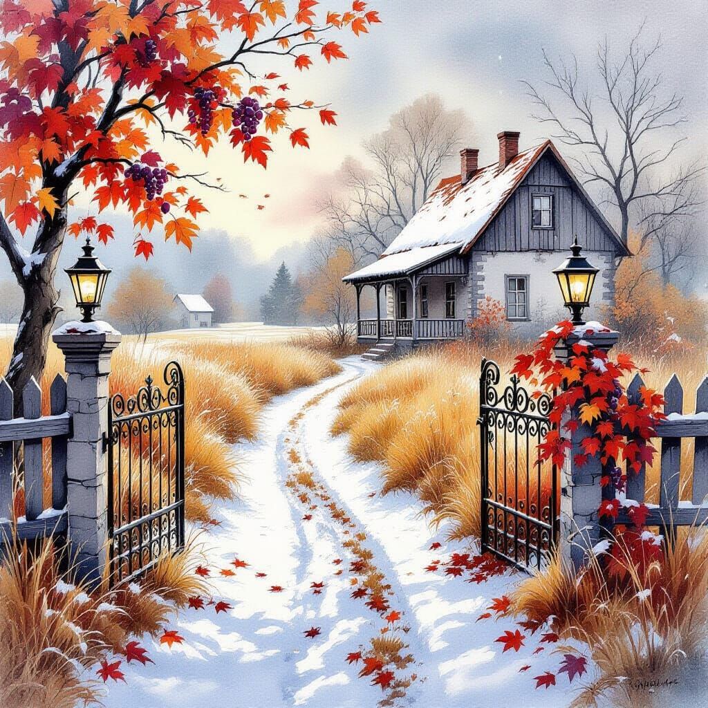 Twilight Snowfall on Autumn Road with Withered Grass