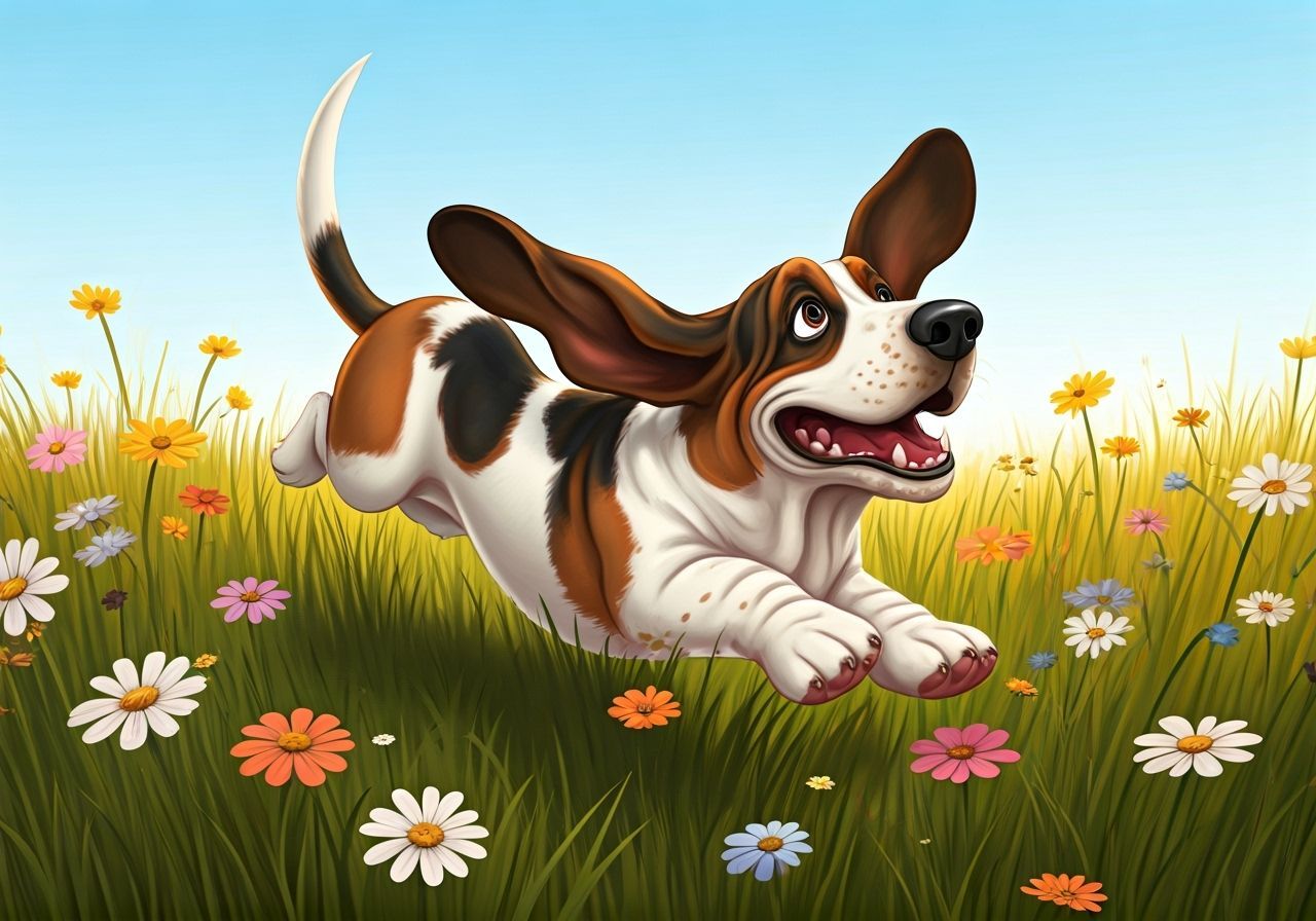 Funny Cartoon Basset Hound in Flower Field