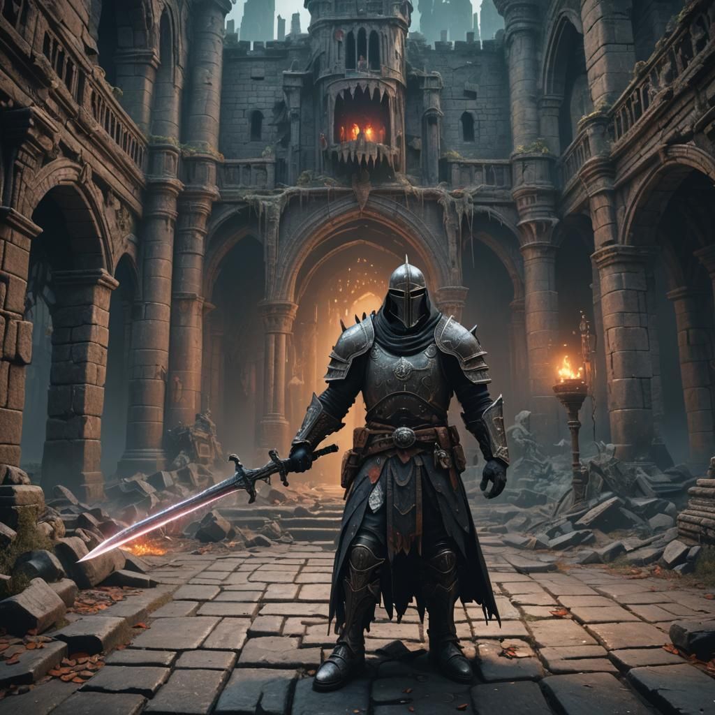 Headless Warrior in Creepy Castle: Detailed Matte Painting