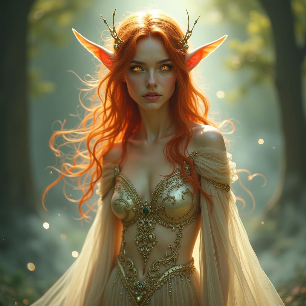 Ethereal Gold Elf with Fire-Red Hair in Fantasy Art