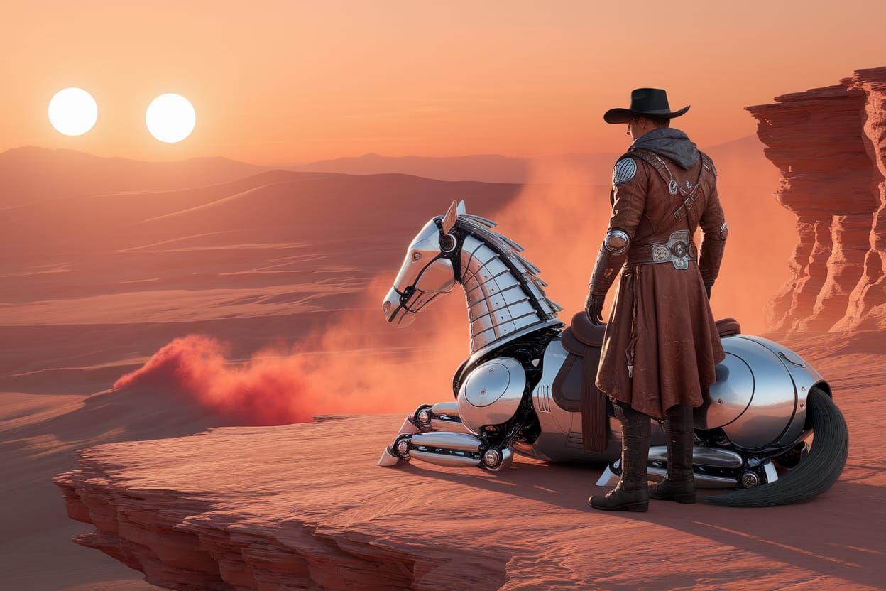 Space Cowboy Explorer on Desert Planet at Sunset