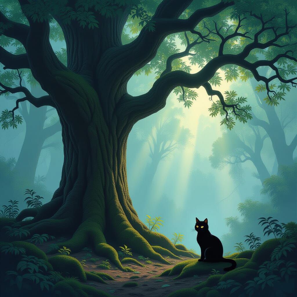 Mystical Forest Oak Tree with Cat, Hudson River School Style