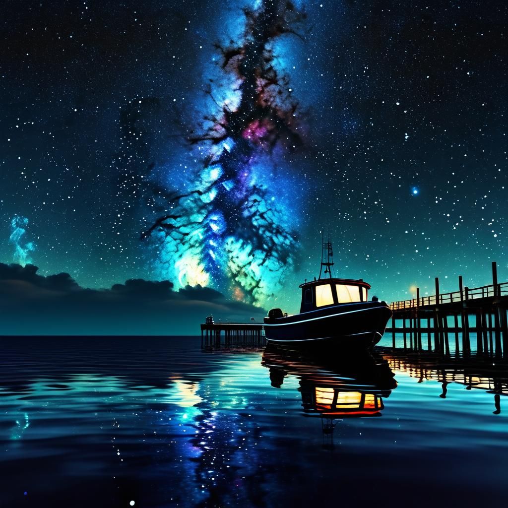 Pointillist Galaxy Nebula Over Pier at Night
