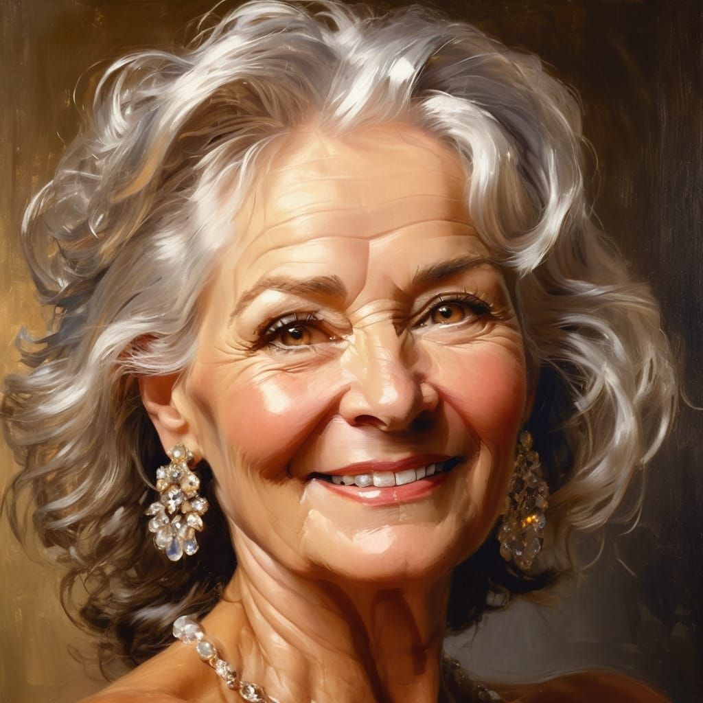 Elegant Portrait of a Silver-Haired Woman in Warm Golden Lig...