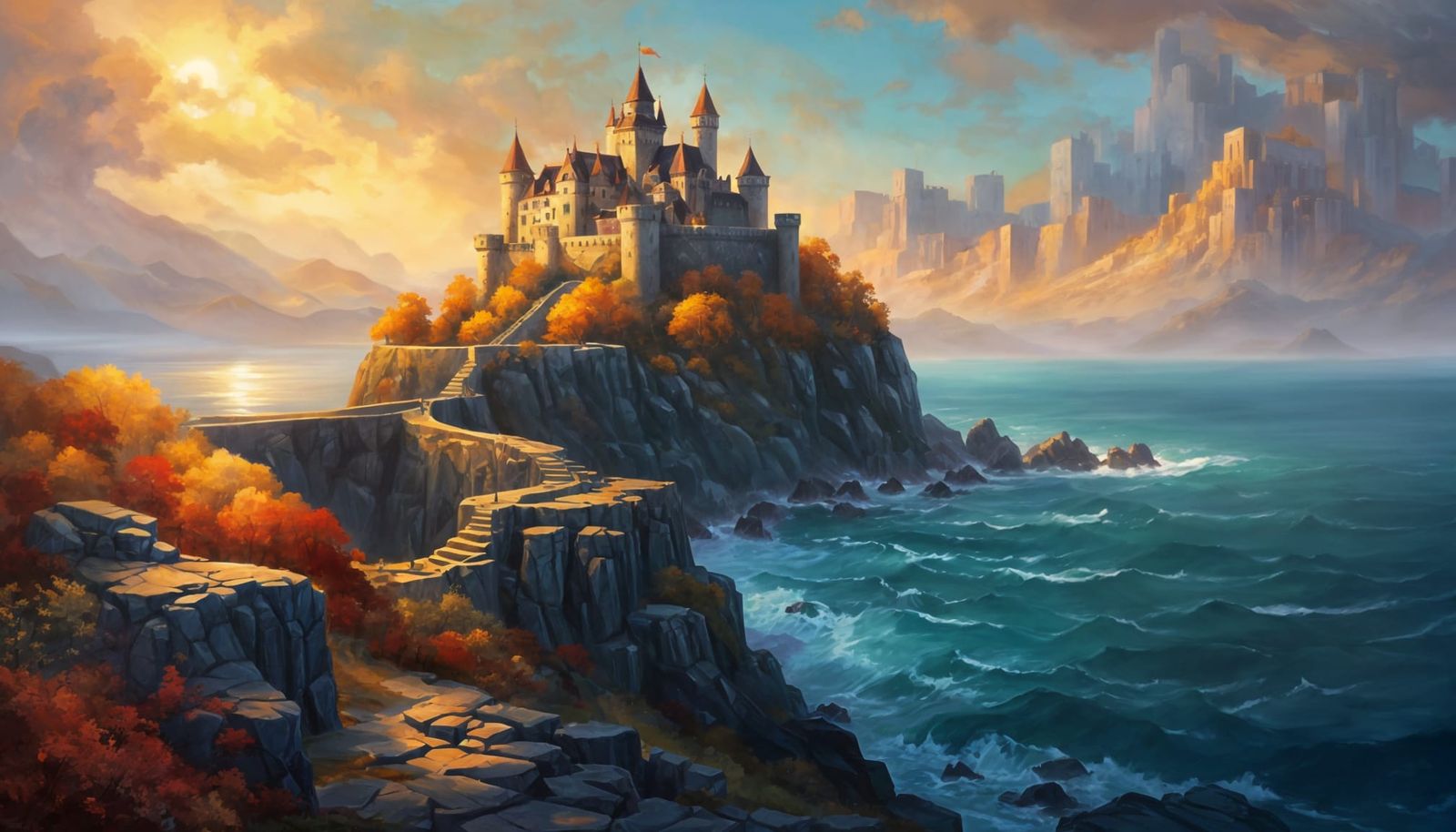 Enchanted Castle Overlooking Ocean in Autumn Glow