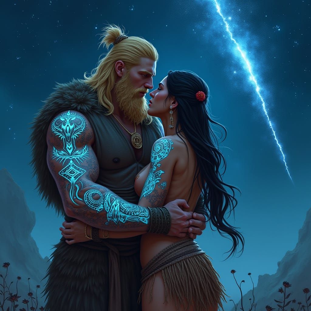 Glowing Tribal Warrior and Maiden Gaze at Meteor Shower