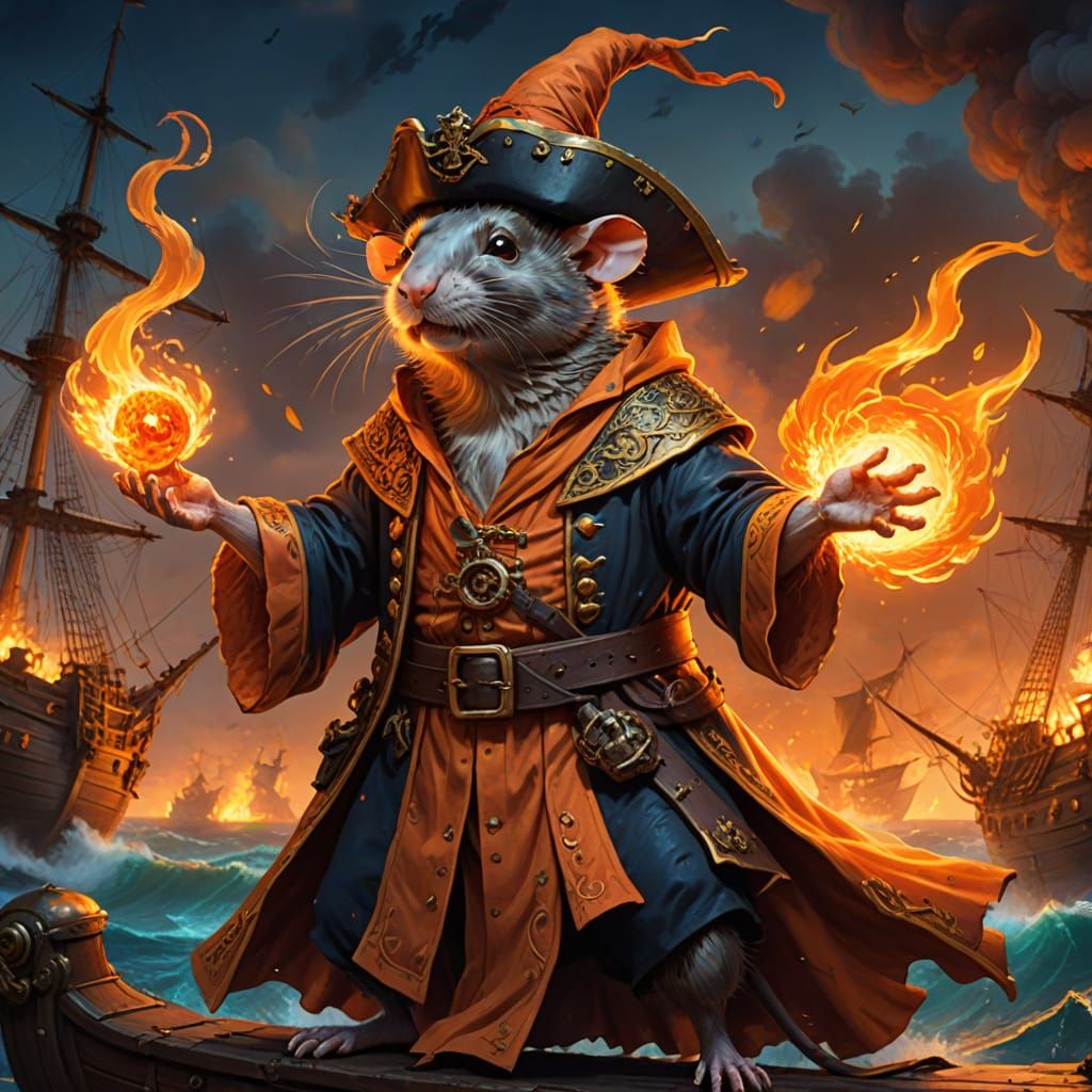 Rat God Sorcerer Casts Fireball, Oil Painting