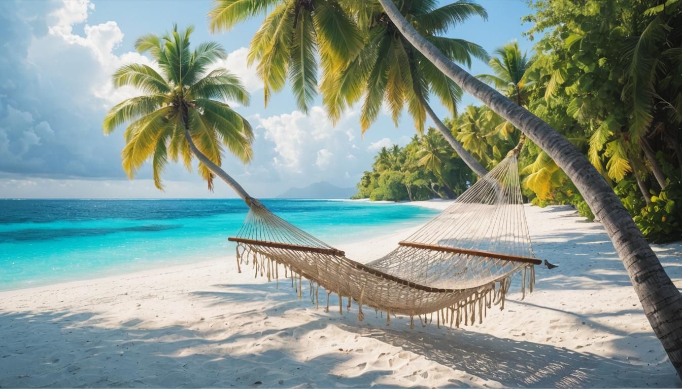 Hammock on Tropical Beach with Palm Trees