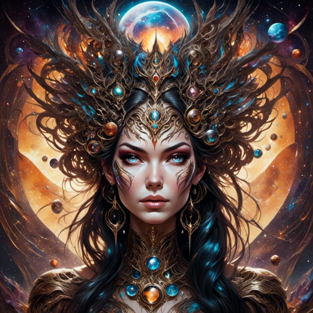 High Priestess with Moon Tattoo on Crystal Throne