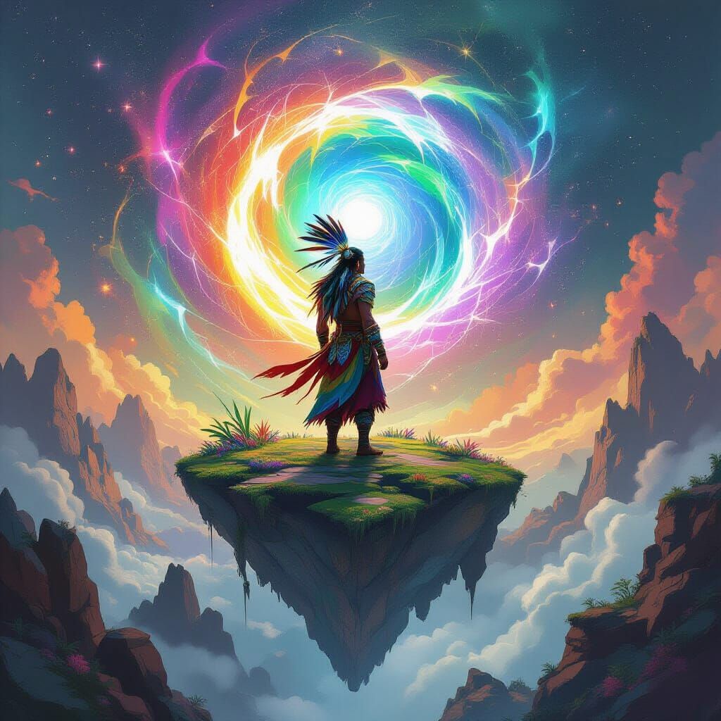 Shaman Gazes Into Energy Vortex on Floating Island