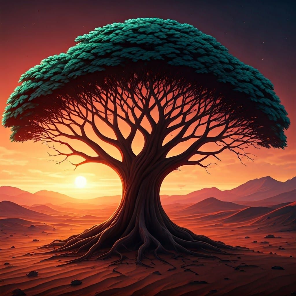 Desert Tree at Sunset in Detailed Digital Painting