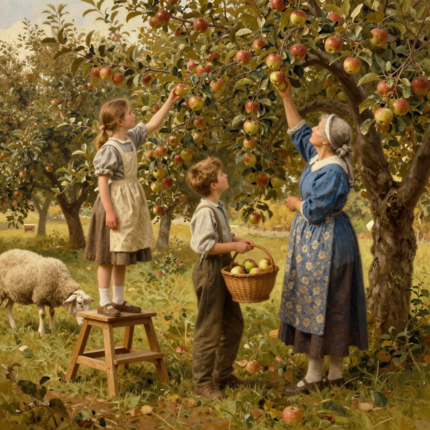 Pastoral Apple Harvesting Scene in Warm Golden Hues