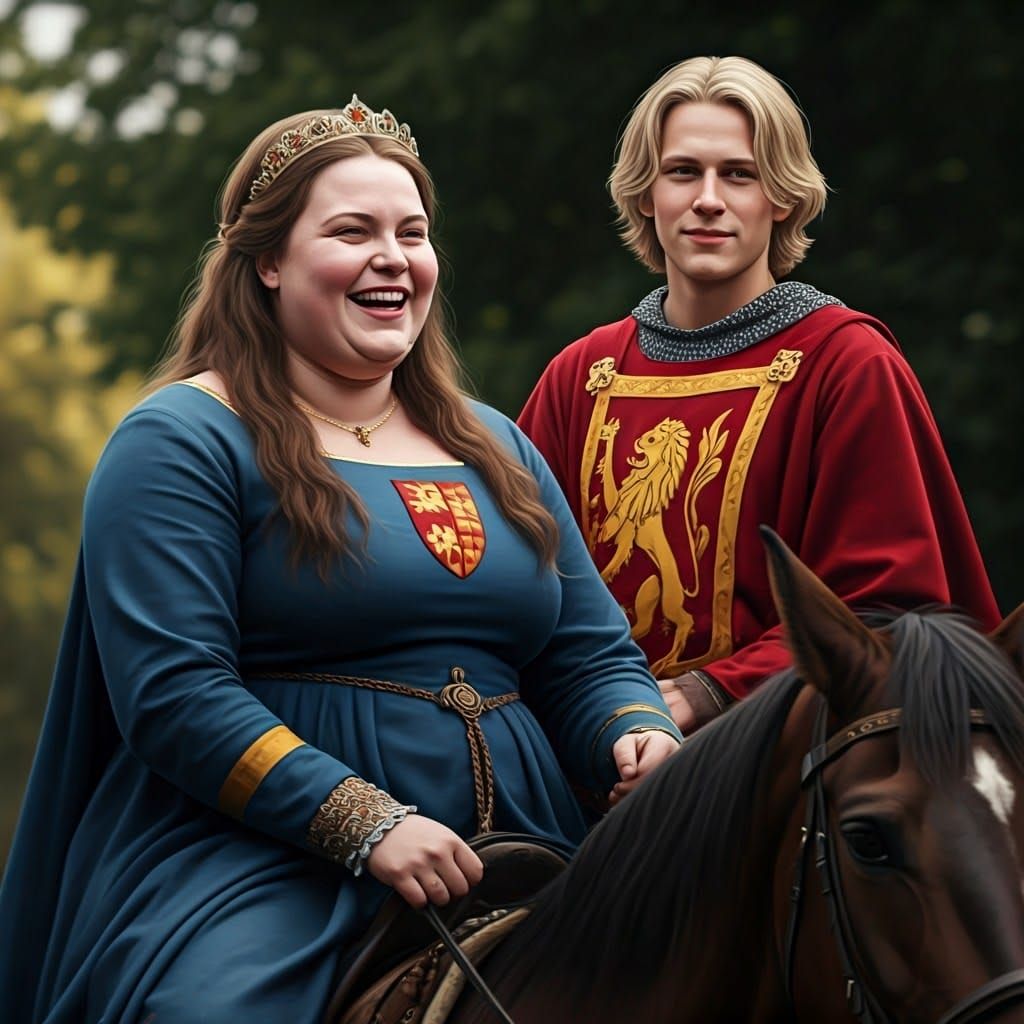 Medieval Queen and King in Love, Riding Through English Coun...