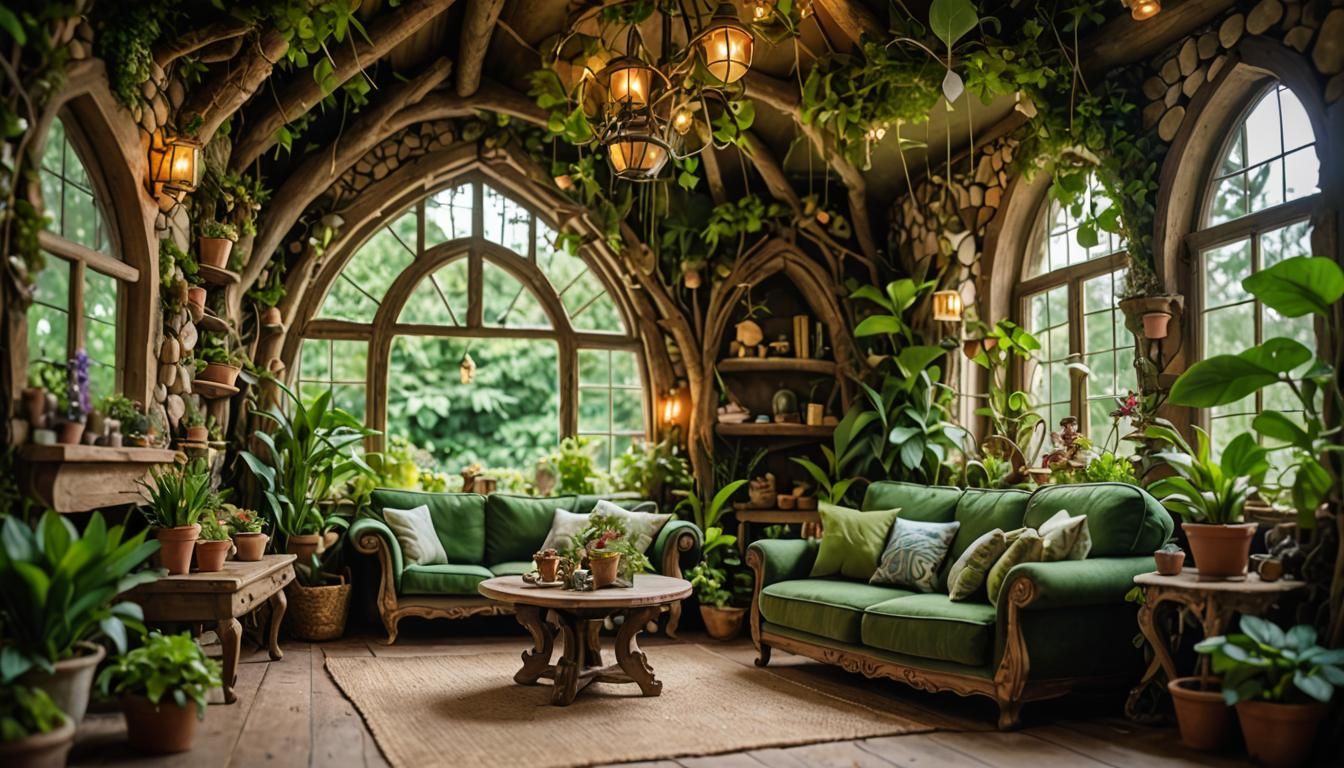 Enchanted Fairy House Living Room with Green Plants