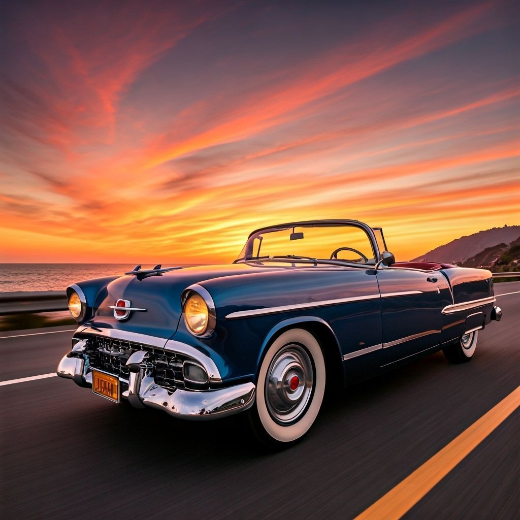 1950s Convertible on Coastal Highway at Golden Hour