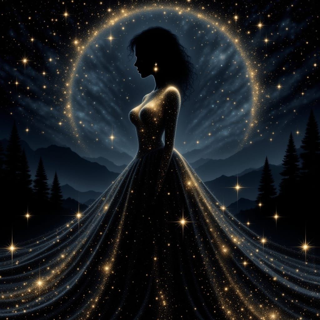 Elegant Woman in Starry Night Dress with Golden Accents