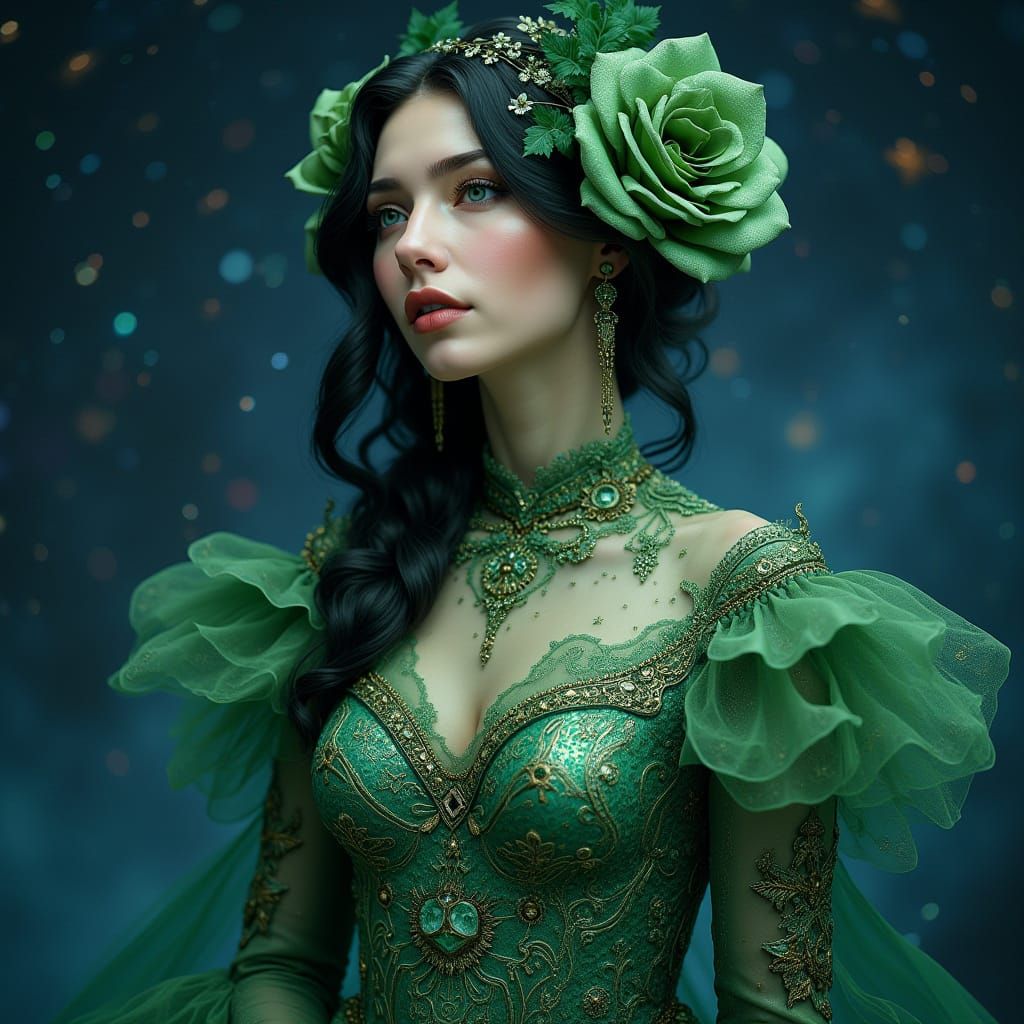 Mystical Woman in Emerald Gown, Cosmic Art