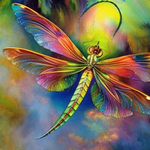 Rainbow Dragonfly Watercolor Portrait in Art Nouveau Style
